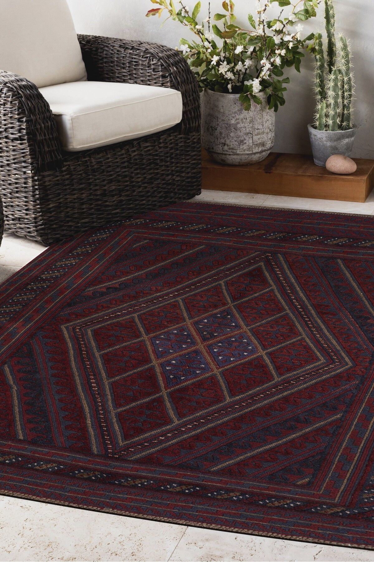 Afgan Berceste Kilim Kırmızı Otantik El Dokuma Halı
