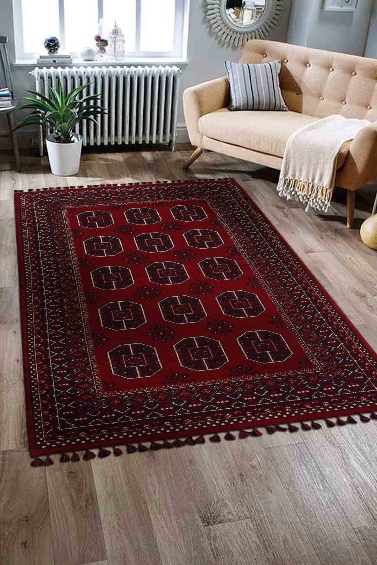 Orient 1 Afgan Desenli Kırmızı Klasik Yıkanabilir Pamuklu Kilim