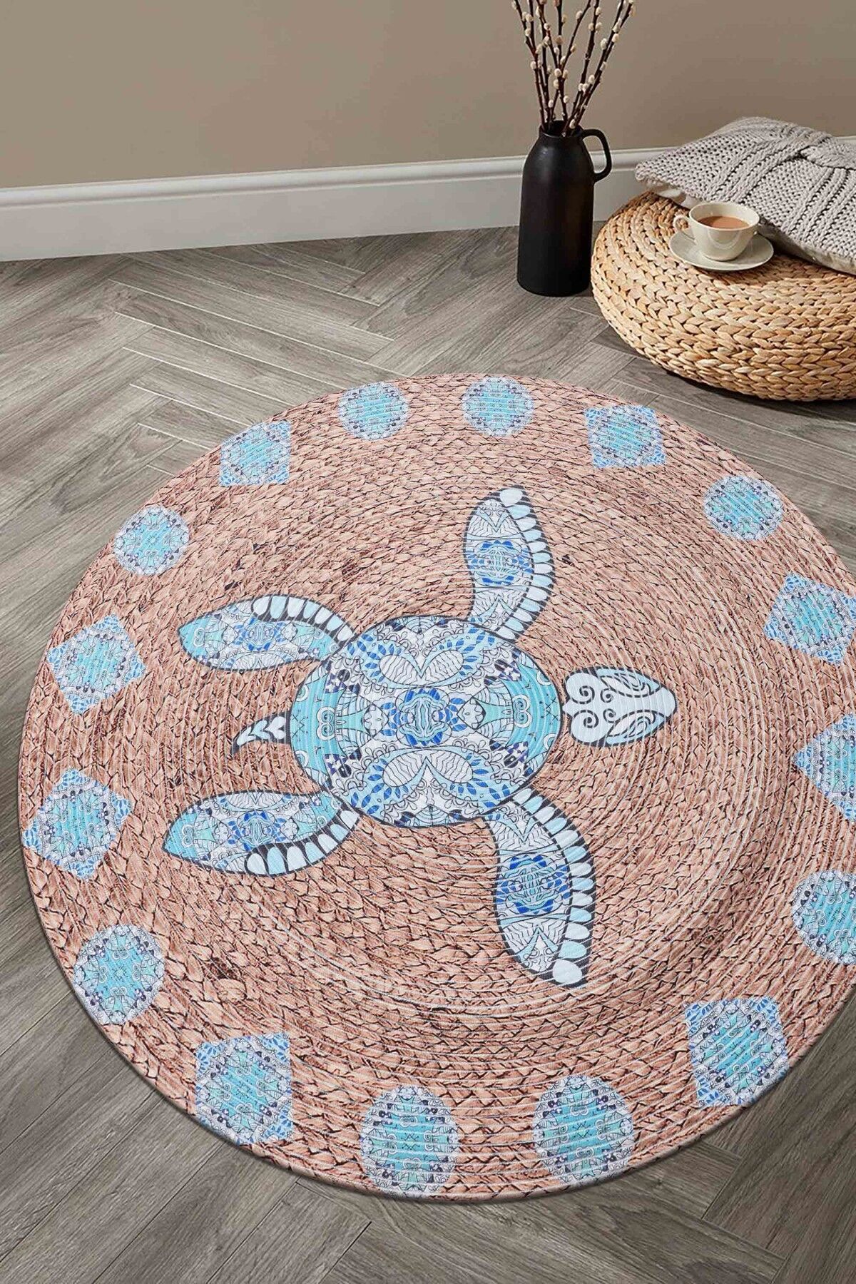 Baskı Jüt Trq027 Mavi Dekoratif Makine Halısı