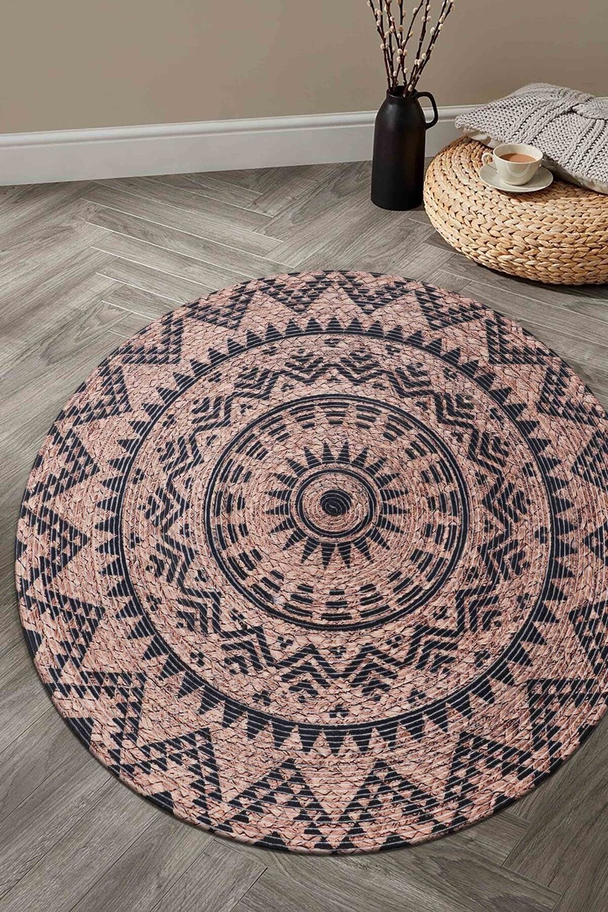 Baskı Jüt Trq043 Siyah Dekoratif Makine Halısı