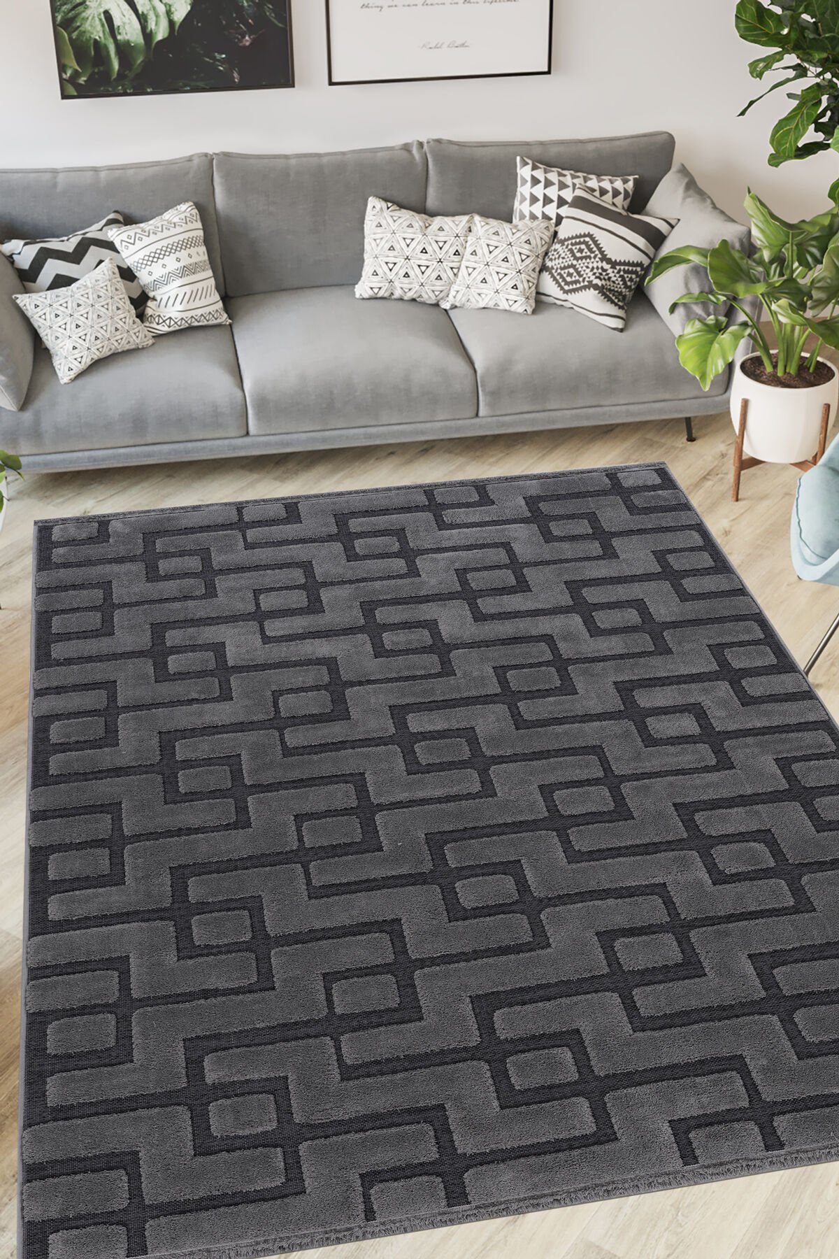 İndus 8007 Gri Geometrik Salon Halısı Kesme Halı