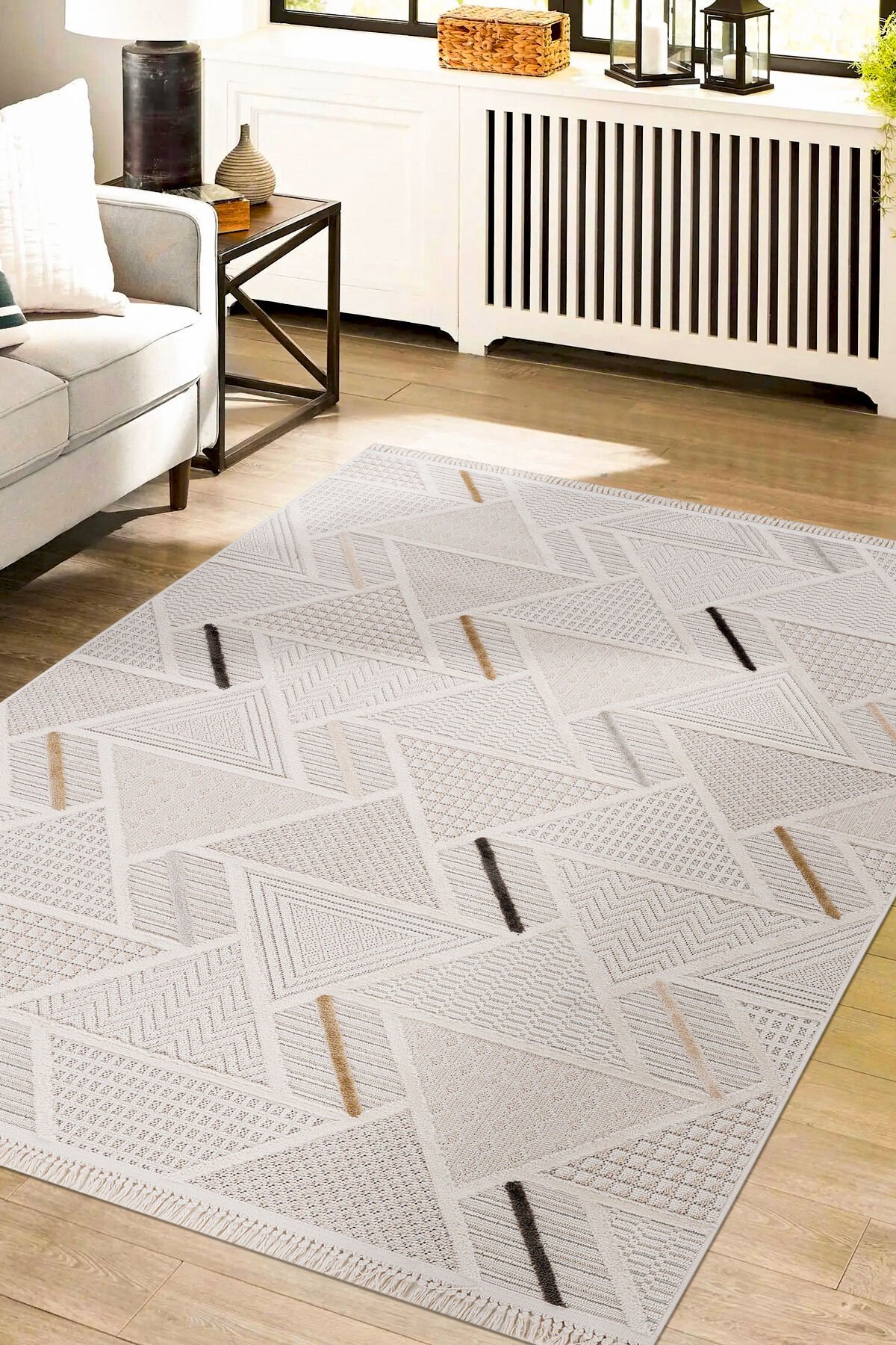 Bonn 8805 Krem Geometrik Salon Halısı Kesme Halı