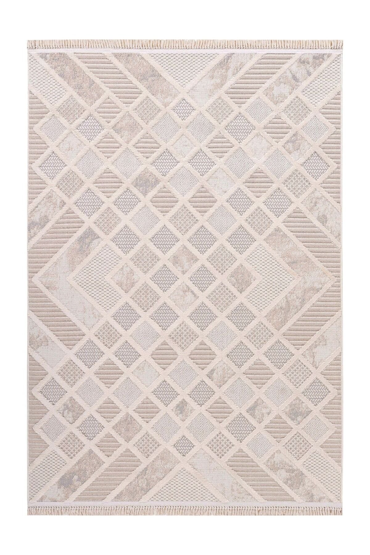 Bonn 8802 Krem Geometrik Modern Mutfak Halısı Kesme Halı