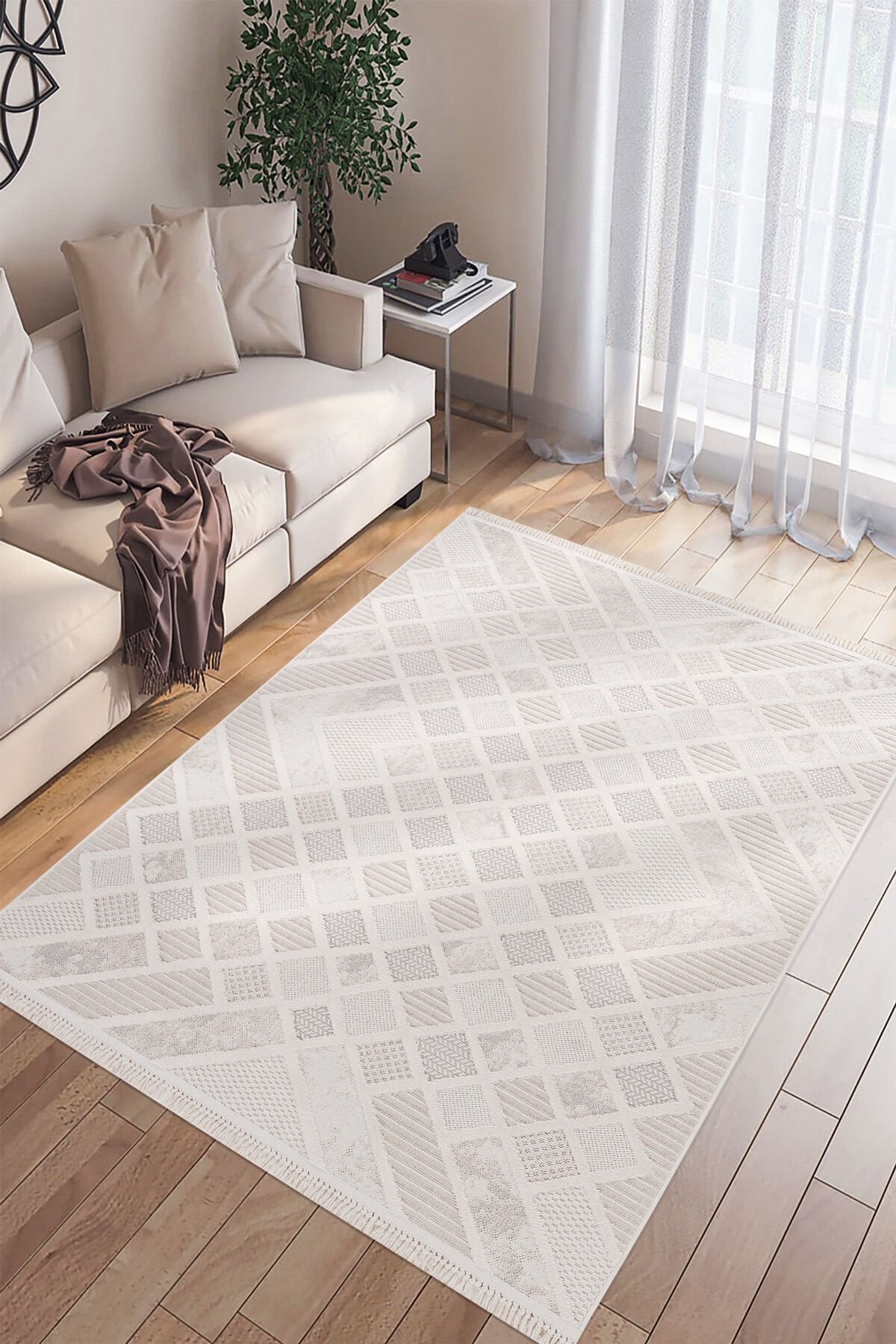 Bonn 8802 Krem Geometrik Modern Mutfak Halısı Kesme Halı