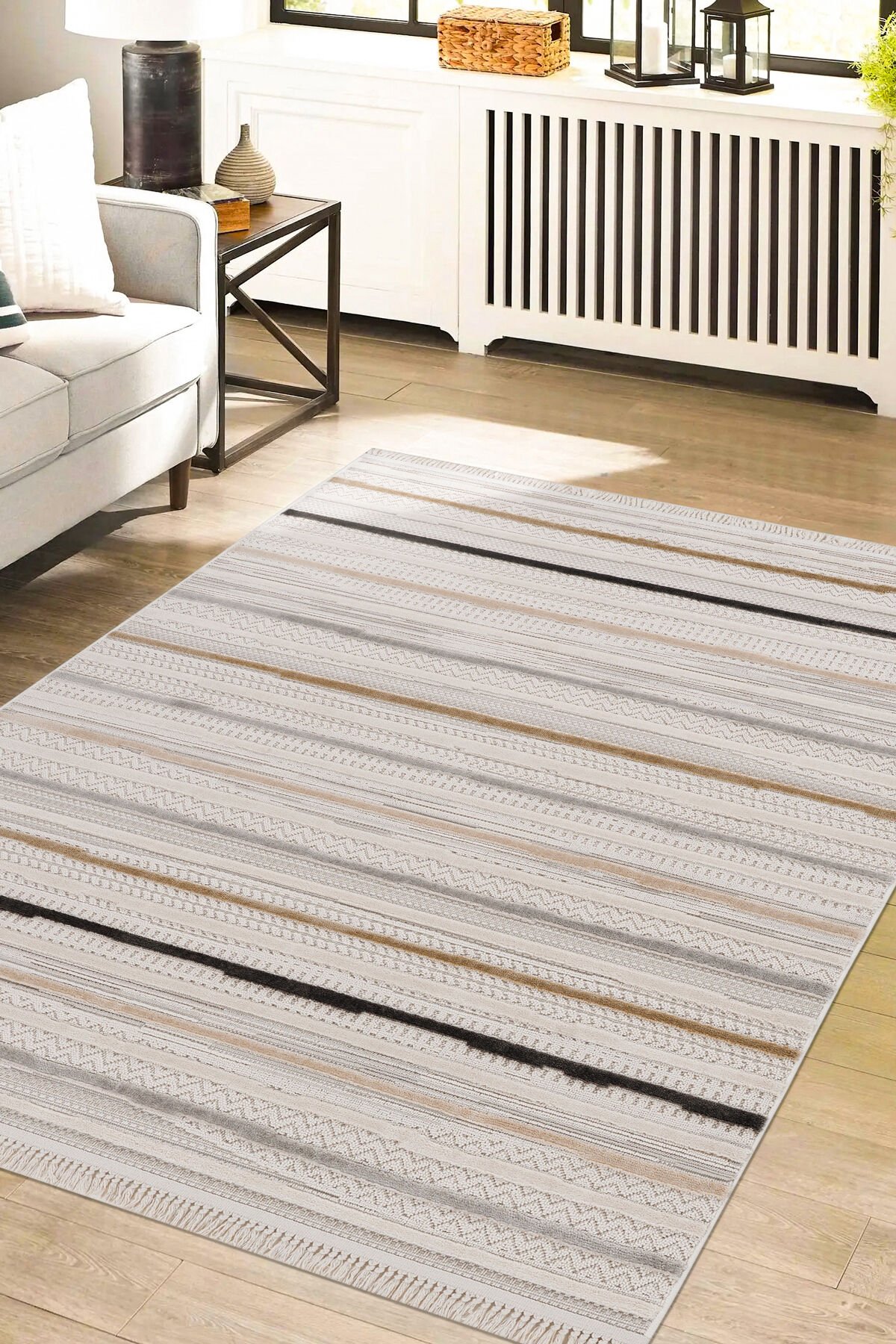 Bonn 8803 Bej Etnik Desenli Mutfak Halısı Kesme Halı