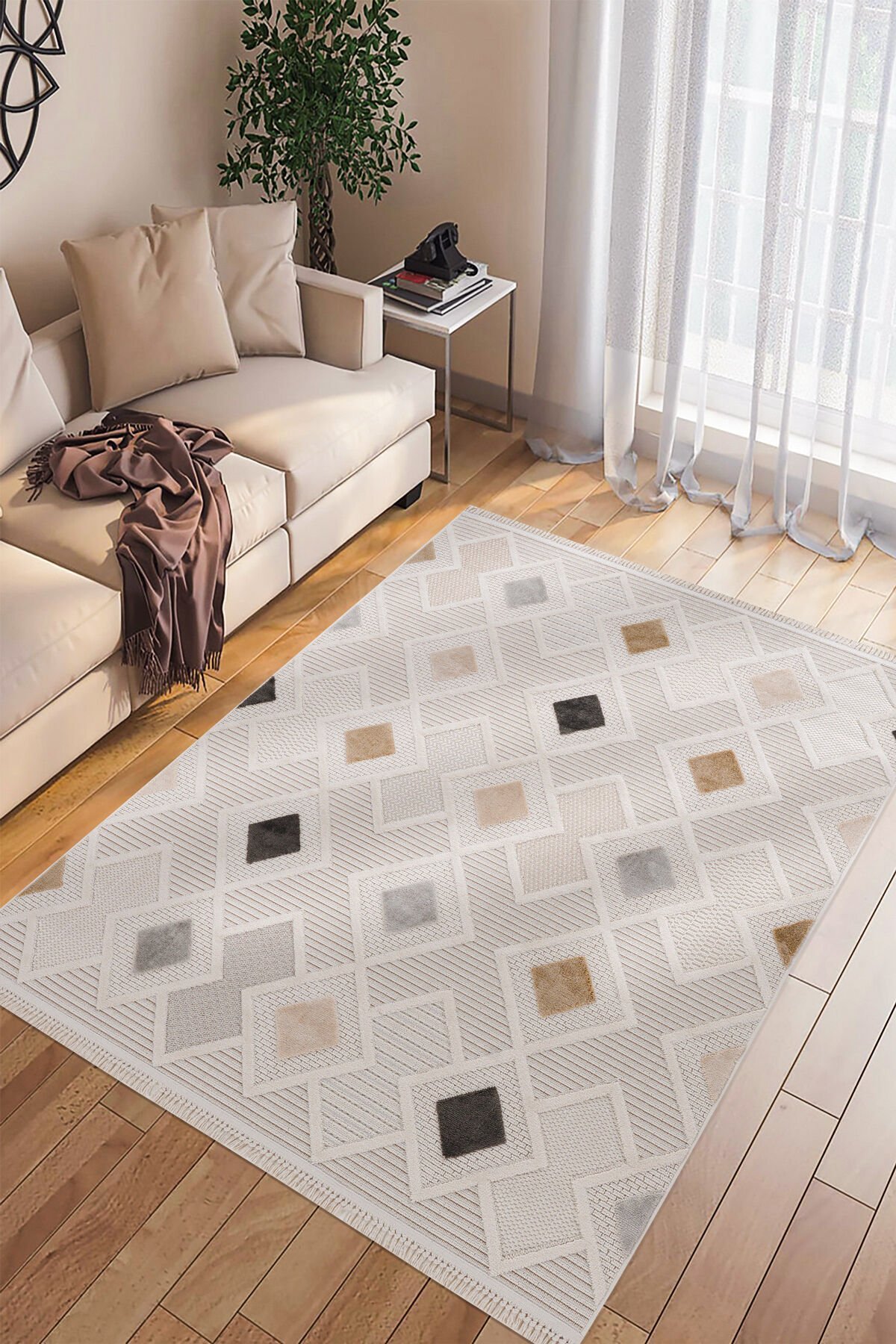 Bonn 8804 Krem Geometrik Mutfak Halısı Kesme Halı